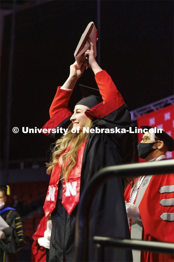 Jacy Miller celebrates her animal science degree Saturday. Undergraduate Commencement at Pinnacle Bank Arena. December 18, 2021. Photo by Craig Chandler / University Communication.