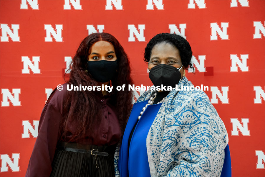 Batool Ibrahim, Fulfilling the Dream award winner poses with Gwen Combs of the Office of Diversity and Inclusion. MLK Commemorative Celebration 2022. January 19, 2022. Photo by Jonah Tran / University Communication.