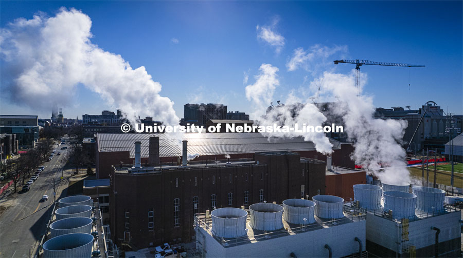 Steam rises from the power plant on city campus. January 20, 2022. Photo by Craig Chandler / University Communication. 