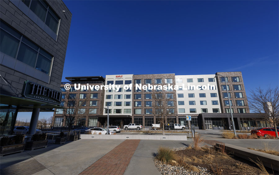 The Scarlet Hotel is nearly finished and is expected to open in the spring. January 28, 2022. Photo by Craig Chandler / University Communication.