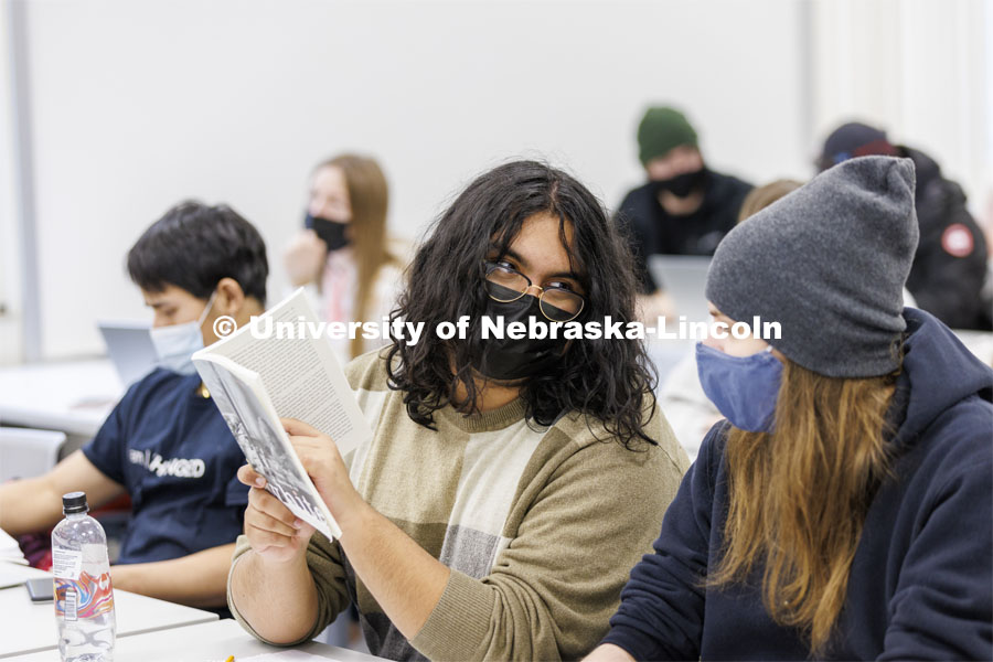 Students discuss during Jordan Charlton’s class, ETHN 100 - Introduction to Ethnic Studies course. February 1, 2022. Photo by Craig Chandler / University Communication.