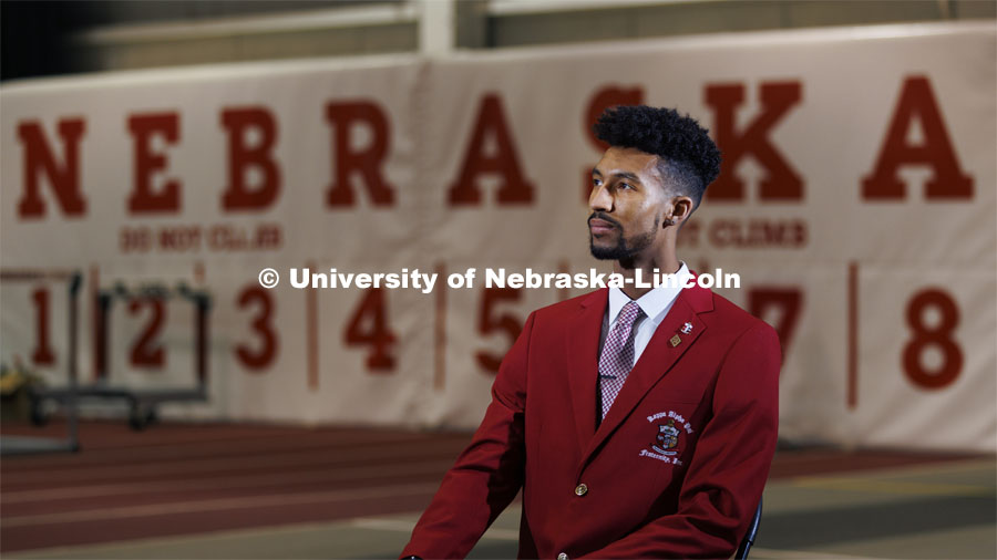 Sadio Fenner is a senior in Premed Nutrition Exercise and Health Science with a minor in Coaching. He is a distance runner with the Huskers. Off the track, Fenner is passionate about giving back and serving as a leader for others. February 3, 2022. Photo by Craig Chandler / University Communication.
