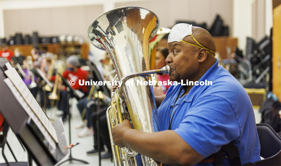 Kabin Thomas is a non-traditional doctoral student in music, specifically tuba performance. He’s able to pursue his doctorate through a fellowship that receives support from Glow Big Red. February 7, 2022. Photo by Craig Chandler / University Communication.