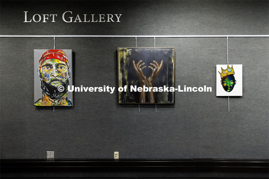 Jevon Woods is a Black artist from Lincoln whose work is on display in the loft gallery at the East Campus Union through this month as part of Black History Month. February 9, 2022. Photo by Craig Chandler / University Communication.