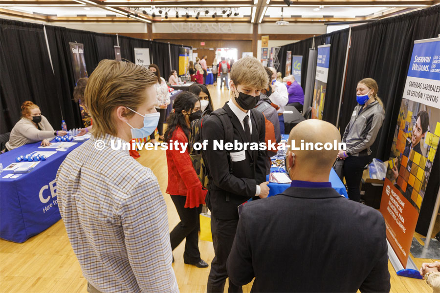 John Protopopov talks with recruiters at the UNL Spring Career Fair in the Nebraska Union. February 14, 2022. Photo by Craig Chandler / University Communication.