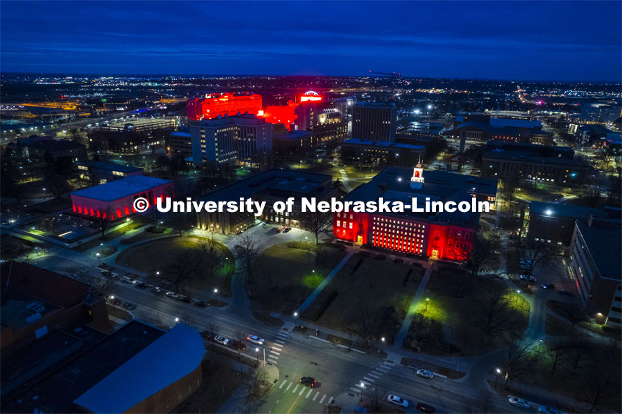 Aerial view of City Camps at night during Glow Big Red. February 16, 2022. Photo by Craig Chandler / University Communication.