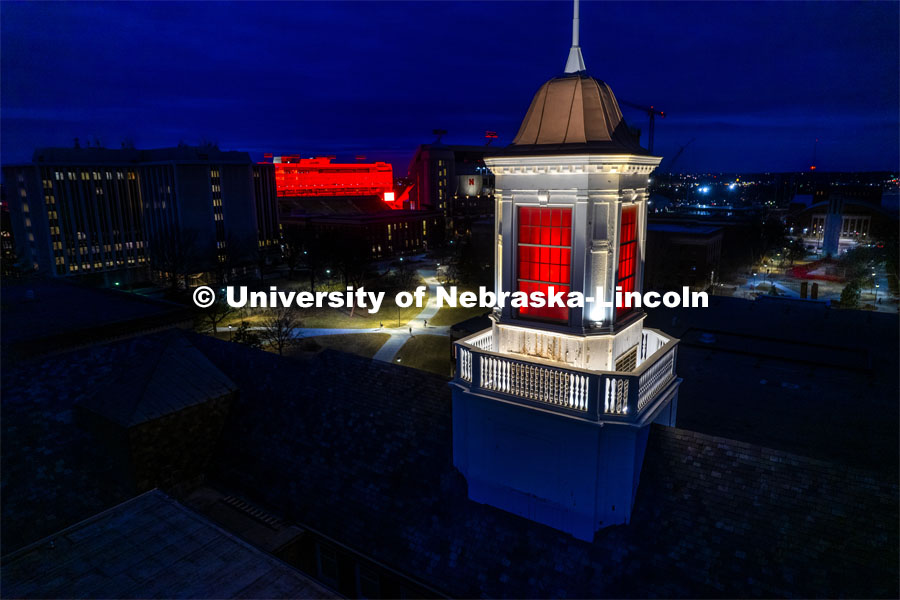 The Love Library and cupola are lit up with red lights for Glow Big Red. February 16, 2022. Photo by Craig Chandler / University Communication.