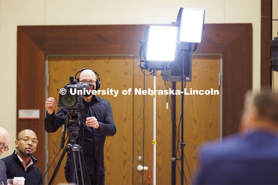 Dave Fitzgibbon of University Communication videos the Chancellor’s group discussing N2025. February 28, 2020. Photo by Craig Chandler / University Communication.