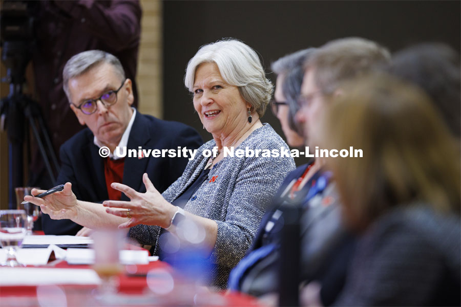 Executive Vice Chancellor Katherine Ankerson talks with the group as Chancellor Ronnie Green listens. Chancellor’s group discussing N2025. February 28, 2020. Photo by Craig Chandler / University Communication.