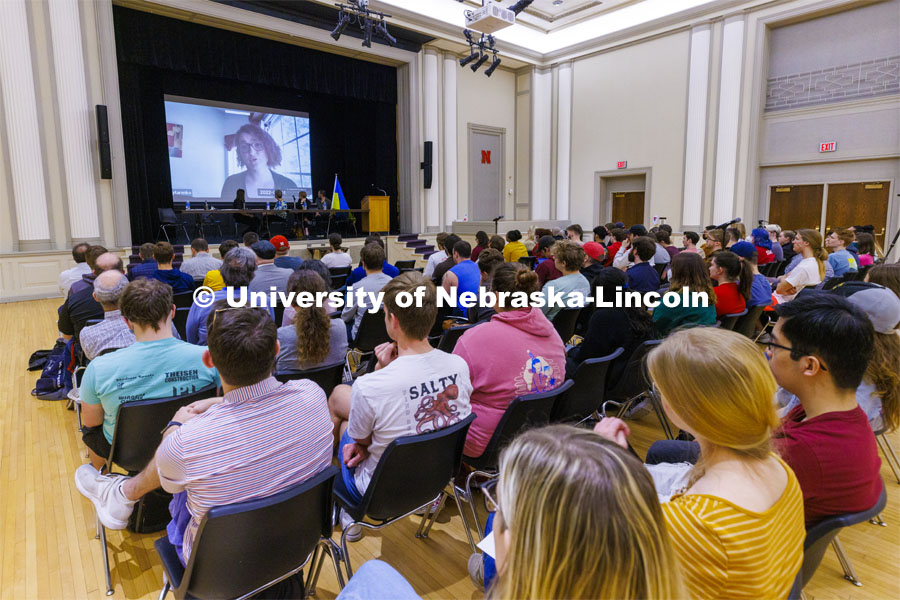 Olha Tytarenko, an Associate Professor of Practice in Ukrainian Studies, spoke to the audience via zoom. Stand With Ukraine! panel discussion in the Nebraska Union ballroom Tuesday afternoon. March 1, 2022. Photo by Craig Chandler / University Communication.