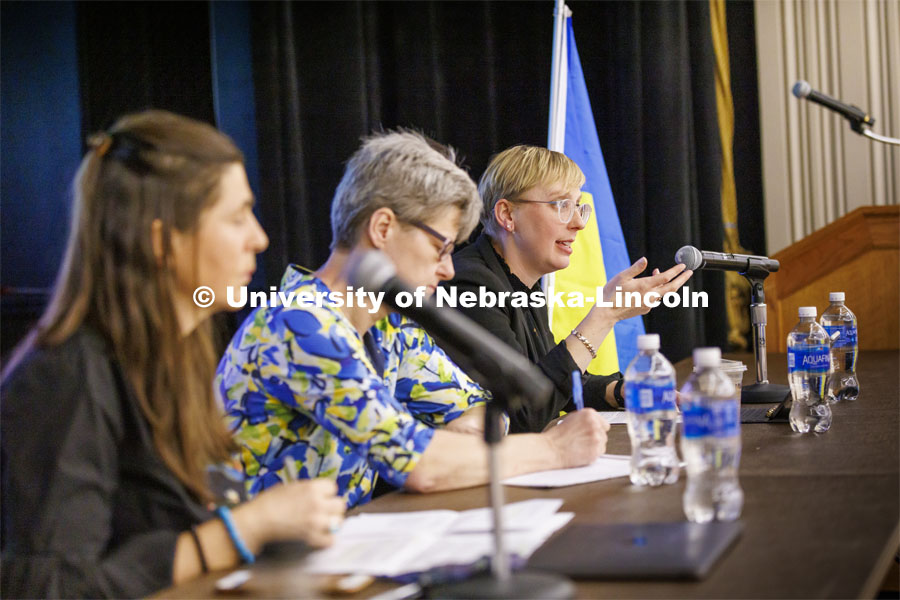 Courtney Hillebrecht, Director of Human Rights and Humanitarian Affairs, talks with the audience. Stand With Ukraine! panel discussion in the Nebraska Union ballroom Tuesday afternoon. March 1, 2022. Photo by Craig Chandler / University Communication.