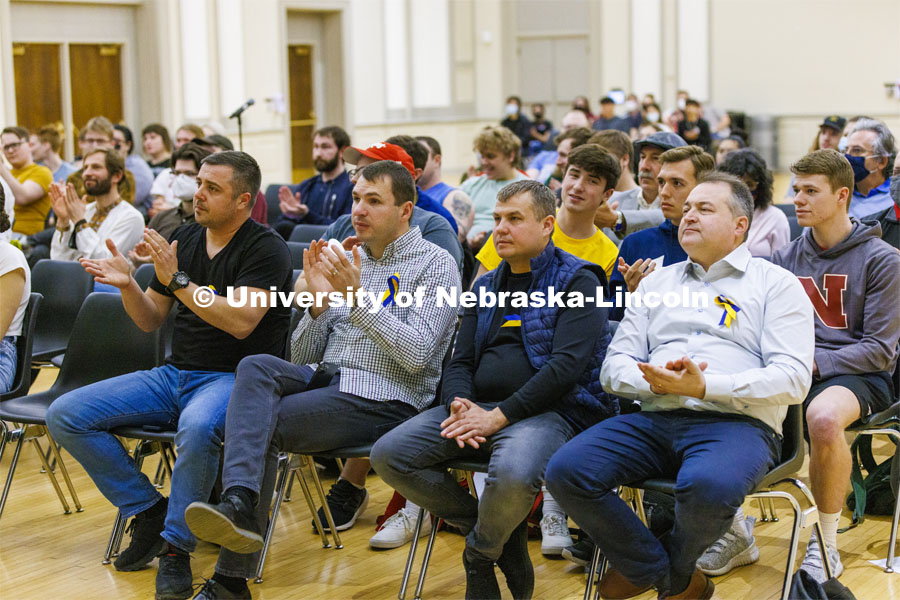 Lukasz Niparko, a graduate student in political science, talks with the audience. Stand With Ukraine! panel discussion in the Nebraska Union ballroom Tuesday afternoon. March 1, 2022. Photo by Craig Chandler / University Communication.