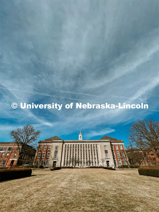 Exterior view of the south side Love Library. City Campus. March 3, 2022. Photo by Taylor DeMaro / University Communication.