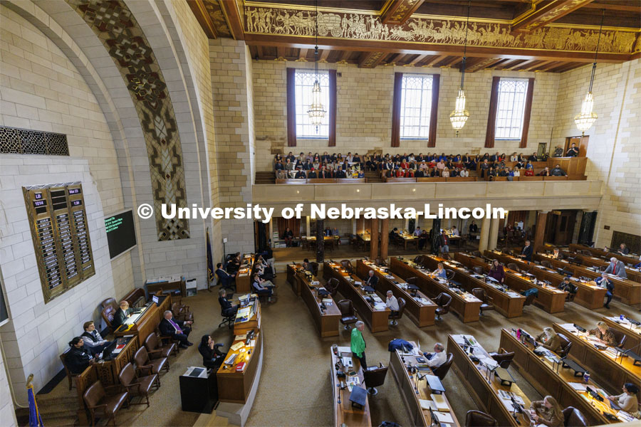 NU supporters gather in the balcony of the Norris Legislative Chamber to be recognized by the Nebraska Legislature. Fifth annual “I Love NU” advocacy event at the Nebraska State Capitol. March 23, 2022. Photo by Craig Chandler / University Communication.
