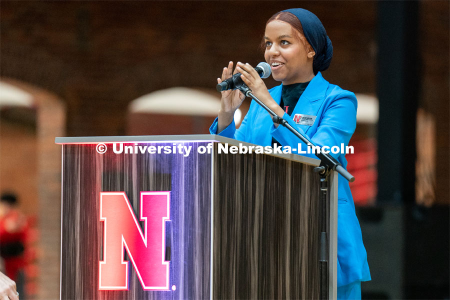Admitted students listen to Batool Ibrahim, President of the Black Student Union, at the Welcome Pep Rally in the Nebraska Coliseum. Admitted Student Day is UNL’s in-person, on-campus event for all admitted students. March 26, 2022. Photo by Jordan Opp for University Communication.