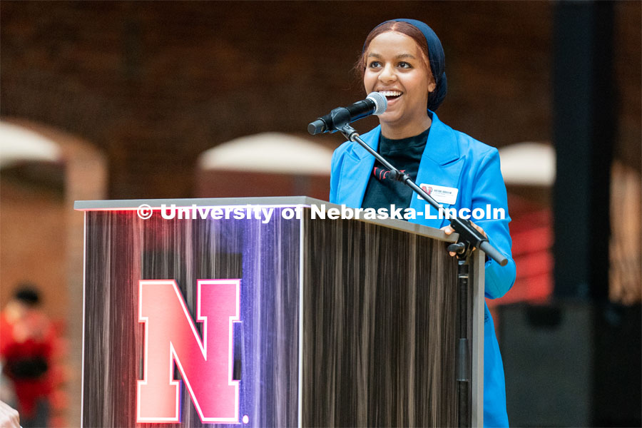 Admitted students listen to Batool Ibrahim, President of the Black Student Union, at the Welcome Pep Rally in the Nebraska Coliseum. Admitted Student Day is UNL’s in-person, on-campus event for all admitted students. March 26, 2022. Photo by Jordan Opp for University Communication.