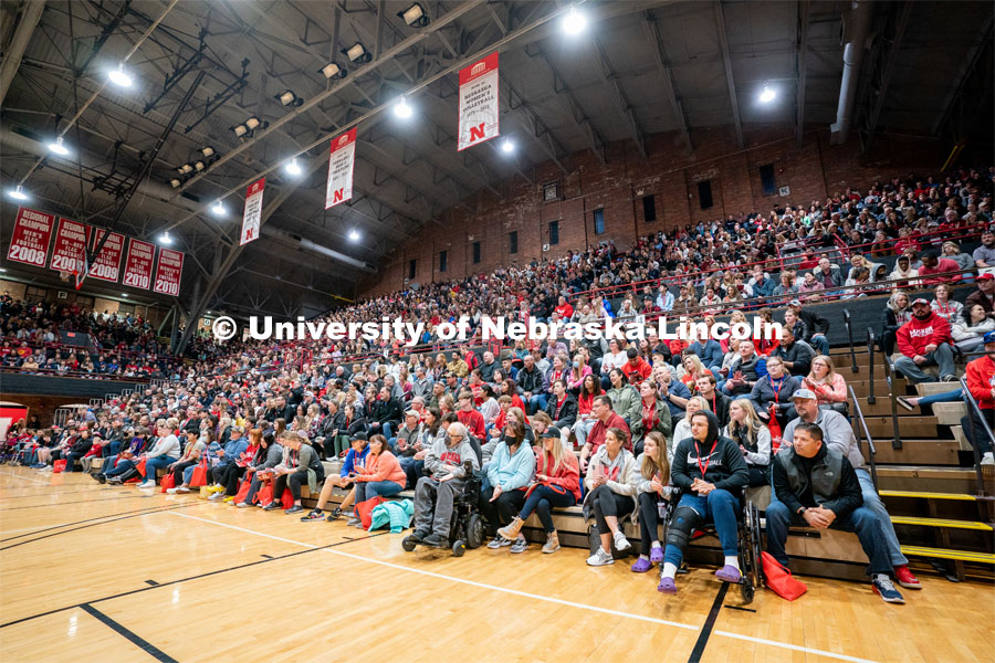 Admitted students listen to Chancellor Ronnie Green and other campus stakeholders at the Welcome Pep Rally in the Nebraska Coliseum. Admitted Student Day is UNL’s in-person, on-campus event for all admitted students. March 26, 2022. Photo by Jordan Opp for University Communication.