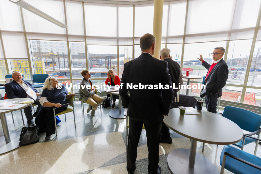 Chancellor Ronnie Green talks about the development of the northeast corner of city campus while on their tour. Board of Regents tour of UNL. College of Engineering. April 7, 2022. Photo by Craig Chandler / University Communication.