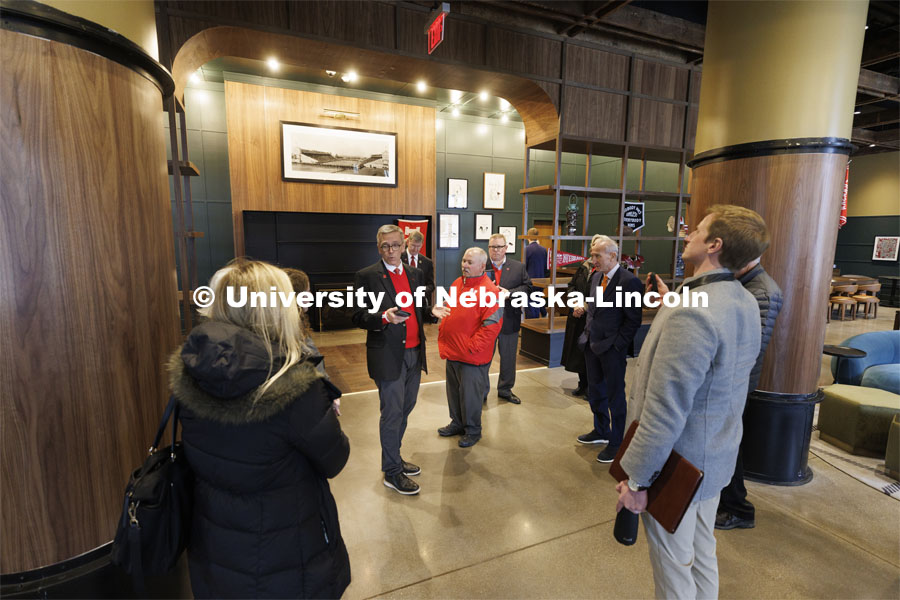 Chancellor Ronnie Green talks about the new Scarlet Hotel at Nebraska Innovation Campus. The group toured the lobby. Board of Regents tour of UNL. April 7, 2022. Photo by Craig Chandler / University Communication.