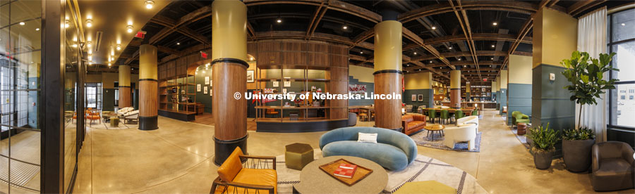 Panoramic view of the lobby of the Scarlet Hotel. The Scarlet Hotel on Nebraska Innovation Campus has opened. The Marriott Tribute hotel features 154 rooms, a coffee shop, signature restaurant and rooftop bar. All are open to the public. A grand opening celebration is planned for May 6. Details will be announced. April 18, 2022. Photo by Craig Chandler / University Communication.