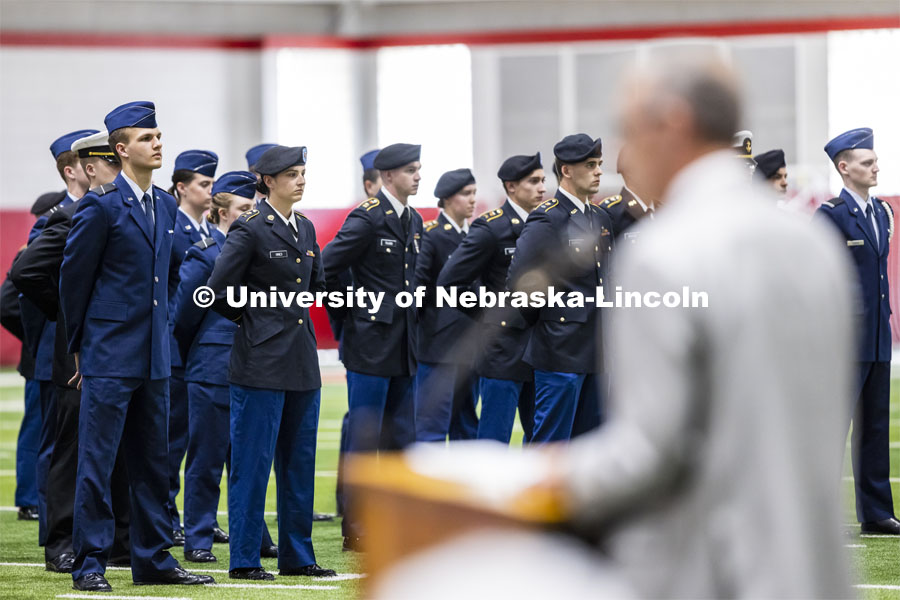 UNL Chancellor Ronnie Green gives his remarks to the cadets. The cadets from the three commands are those receiving awards. ROTC Joint Service Chancellor’s Review in Cook Pavilion. April 21, 2022. Photo by Craig Chandler / University Communication.