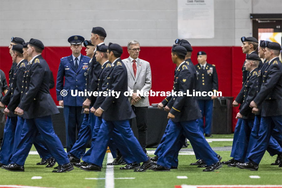 Air Force Lieutenant Colonel C J Zaworski and UNL Chancellor Ronnie Green review the cadets as they pass in review. ROTC Joint Service Chancellor’s Review in Cook Pavilion. April 21, 2022. Photo by Craig Chandler / University Communication.