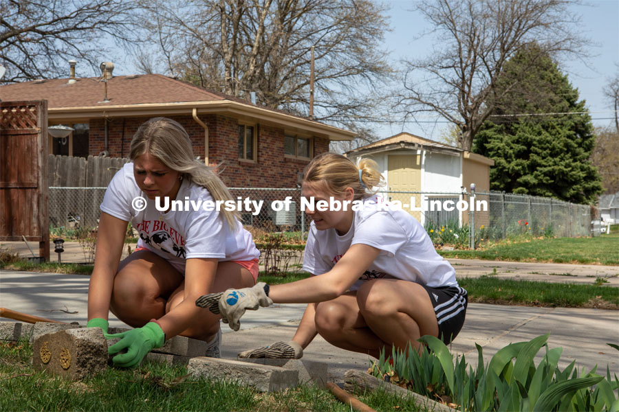 Alpha Xi Delta assist with raking leaves, trimming shrubs, window cleaning, door cleaning general yard work at a residence on Judson St. The Big Event is organized annually by the Association of Students of the University of Nebraska (ASUN). Since 2006, more than 37,500 students at the University of Nebraska–Lincoln have completed 1,687,500 volunteer hours during The Big Event. April 23, 2022. Photo by Gus Kathol / University Communication.