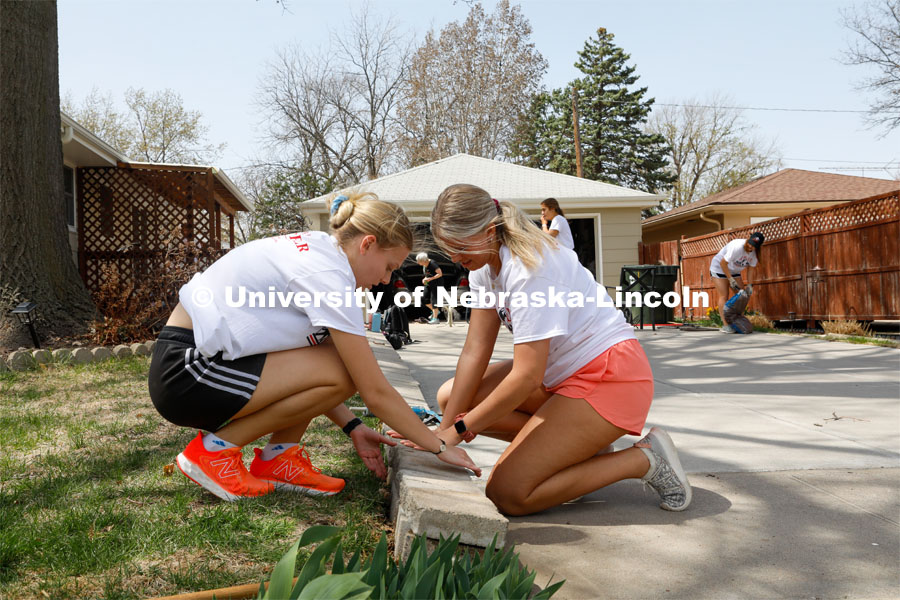 Alpha Xi Delta assist with raking leaves, trimming shrubs, window cleaning & door cleaning general yard work at a residence on Judson St. April 23, 2022.  Photo by Gus Kathol / University Communication.