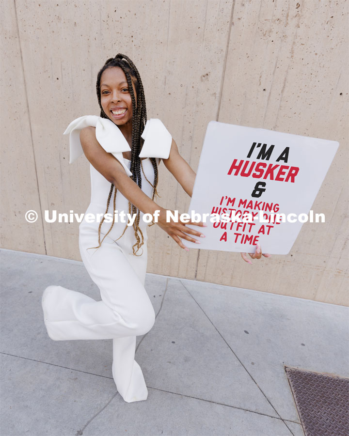 Graduation feature and I’m a Husker & story on Cherish Perkins, senior in fashion merchandising with minors in international studies, art, and business. She's from Huntsville, Alabama, and grew up in Omaha. April 28, 2022. Photo by Craig Chandler / University Communication.