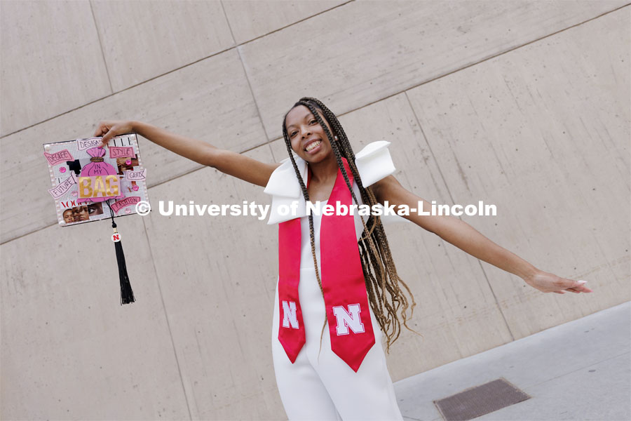 Graduation feature and I’m a Husker & story on Cherish Perkins, senior in fashion merchandising with minors in international studies, art, and business. She's from Huntsville, Alabama, and grew up in Omaha. April 28, 2022. Photo by Craig Chandler / University Communication.