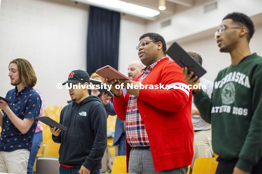 Jayven Brandt sings during Chamber Singers practice in Westbrook Music Hall. ASEM CoCreate story. May 5, 2022. Photo by Craig Chandler / University Communication.