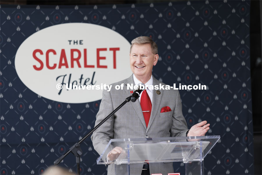 NU President Ted Carter talks to the crowd assembled for the ceremony. Ribbon cutting for the new Scarlet Hotel in Nebraska Innovation Campus. March 6, 2021. Photo by Craig Chandler / University Communication.