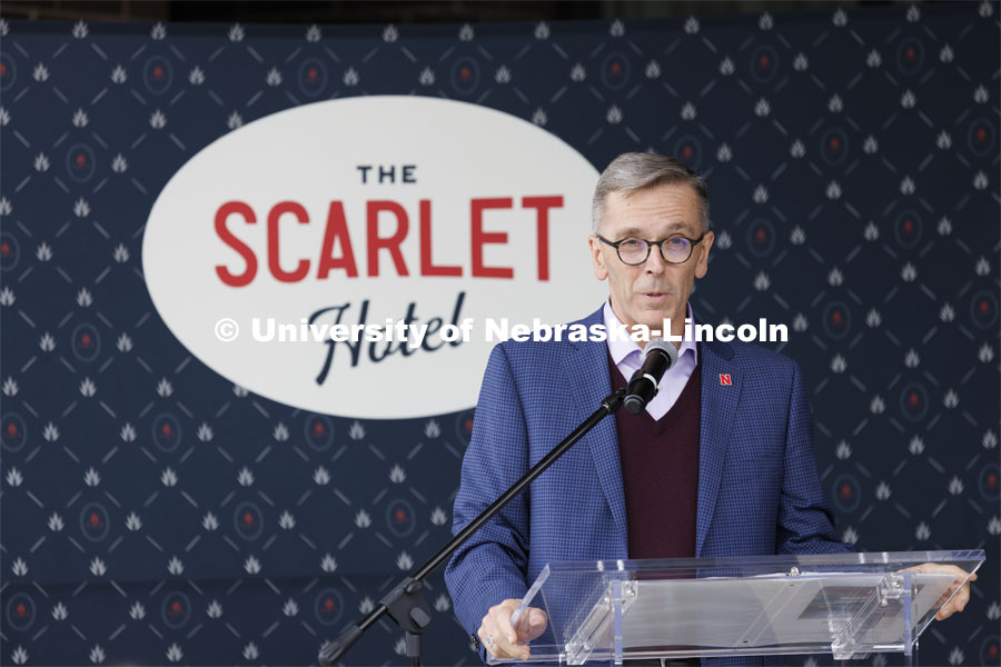 UNL Chancellor Ronnie Green talks to the crowd assembled for the ceremony. Ribbon cutting for the new Scarlet Hotel in Nebraska Innovation Campus. March 6, 2021. Photo by Craig Chandler / University Communication.