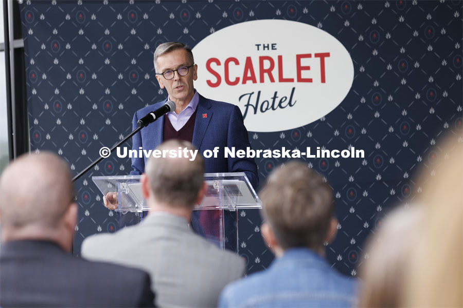 UNL Chancellor Ronnie Green talks to the crowd assembled for the ceremony. Ribbon cutting for the new Scarlet Hotel in Nebraska Innovation Campus. March 6, 2021. Photo by Craig Chandler / University Communication.