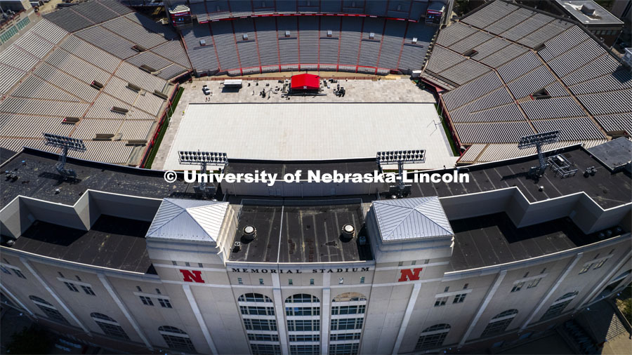Memorial Stadium field covered for Saturday’s commencement. May 11, 2022. Photo by Craig Chandler / University Communication.