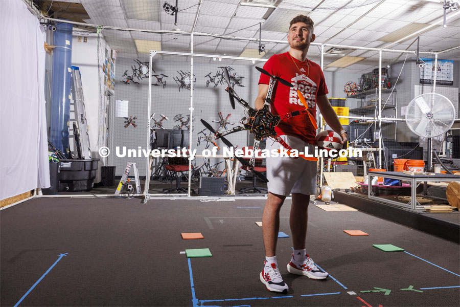 Santiago Giraldo is a school of computing major who works in the NIMBUS drone lab and loves being a volleyball fan. May 12, 2022. Photo by Craig Chandler / University Communication.