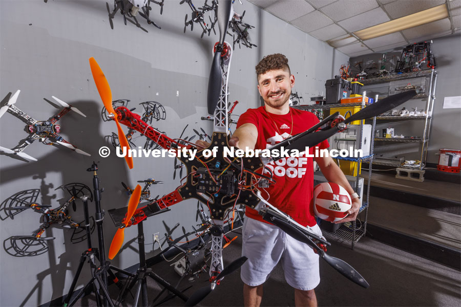Santiago Giraldo is a school of computing major who works in the NIMBUS drone lab and loves being a volleyball fan. May 12, 2022. Photo by Craig Chandler / University Communication.