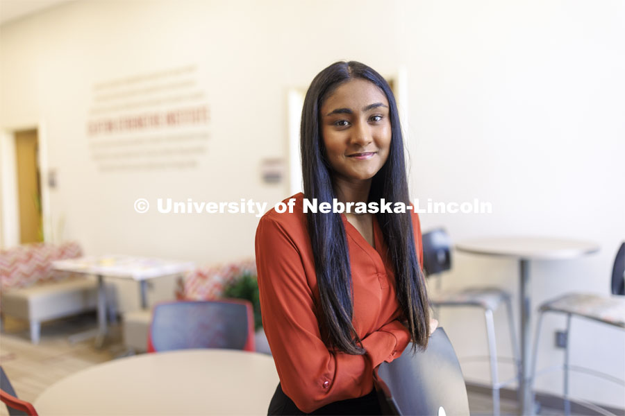 Isha Kishore, a finance and Clifton Builders management major and New Student Enrollment leader, is from Omaha, Nebraska. AAPI month profile story. May 13, 2022.  Photo by Craig Chandler / University Communication.