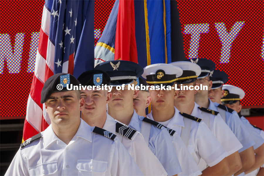 ROTC color guard awaits the start of the commencement. UNL undergraduate commencement in Memorial Stadium. May 14, 2022. Photo by Craig Chandler / University Communication.