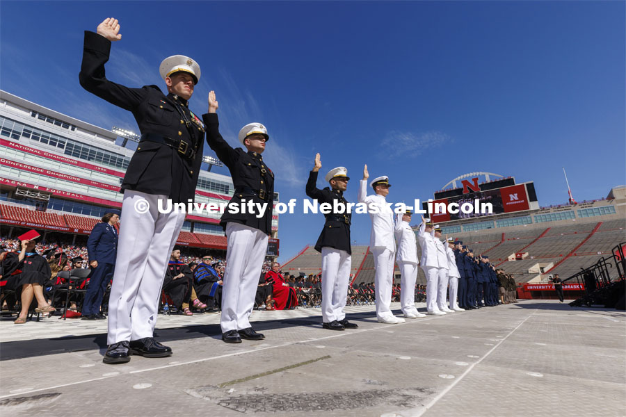 ROTC cadets take their commissioning oath at the start of the commencement. UNL undergraduate commencement in Memorial Stadium. May 14, 2022. Photo by Craig Chandler / University Communication.