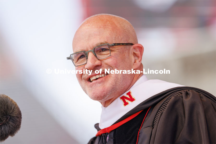 Jay Keasling, a professor of chemical engineering at University of California, Berkeley and a native of Harvard, Nebraska, gives the commencement address. UNL undergraduate commencement in Memorial Stadium. May 14, 2022. Photo by Craig Chandler / University Communication.