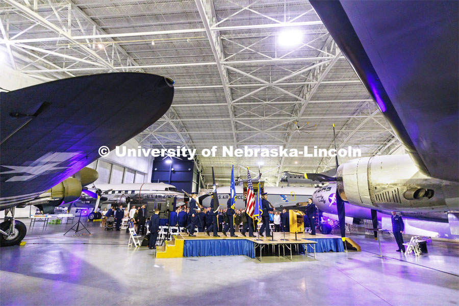 Lt. Col. C. J. Zaworski addresses the audience with a World War II era B-29 as a backdrop. The university’s Air Force ROTC detachment held a commissioning for May graduates at the Strategic Air Command and Aerospace Museum in Ashland. May 16, 2022. Photo by Craig Chandler / University Communication.