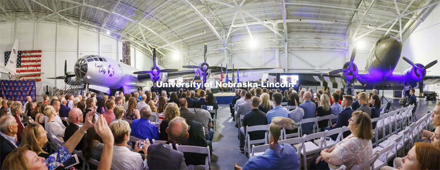 World War II era B-29, left, and C-47 were the backdrop for the ceremony. The university’s Air Force ROTC detachment held a commissioning for May graduates at the Strategic Air Command and Aerospace Museum in Ashland. May 16, 2022. Photo by Craig Chandler / University Communication.