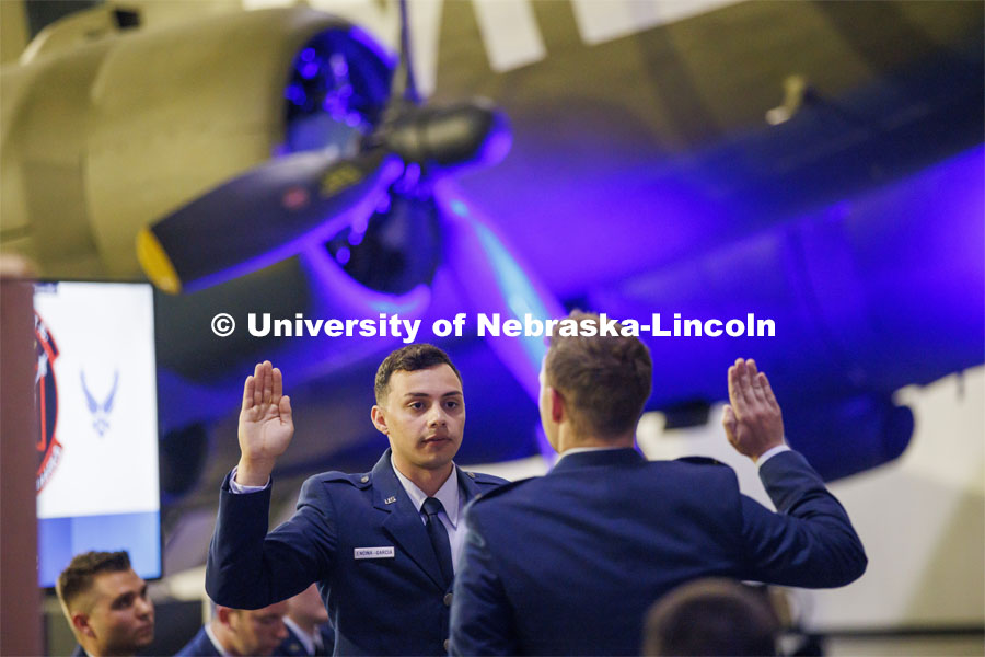 Second Lt. Emmanuel Encina-Garcia recites the Oath of Office Monday afternoon. The university’s Air Force ROTC detachment held a commissioning for May graduates at the Strategic Air Command and Aerospace Museum in Ashland. May 16, 2022. Photo by Craig Chandler / University Communication.
