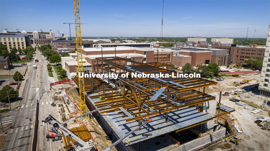 Three of the six floors of Kiewitt Hall, the new College of Engineering building, rise above campus. Kiewitt Hall construction. May 27, 2022. Photo by Craig Chandler / University Communication.