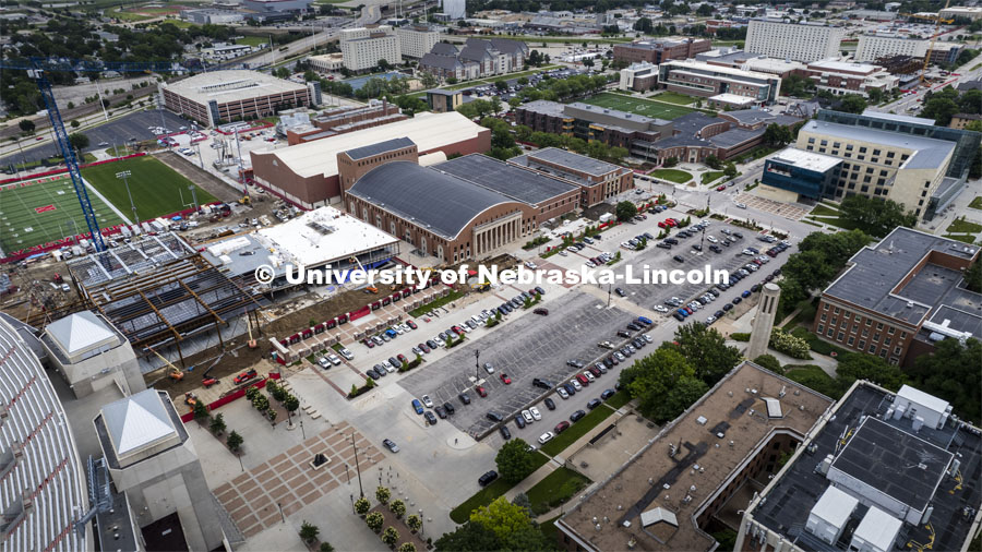 Construction around 14th and Vine include the Huskers’ Go B1G project next to the stadium, the Veterans' Tribute project along the Military and Naval Science building, Carolyn Pope Edwards Hall at right. Construction on the street itself is supposed to occur this summer. June 6, 2022. Photo by Craig Chandler / University Communication.