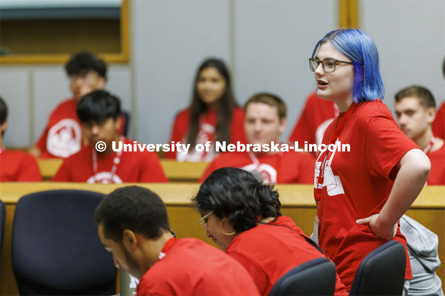 Zoie Haar of Grand Island High School is part of the prosecuting team questioning Papa Bear, played Yanci Torres of Grand Island High School, during the of trial of Goldilocks vs the Three Bears. NCPA junior and senior high school students participate in a mock trial at Nebraska Law. June 9, 2022. Photo by Craig Chandler / University Communication.