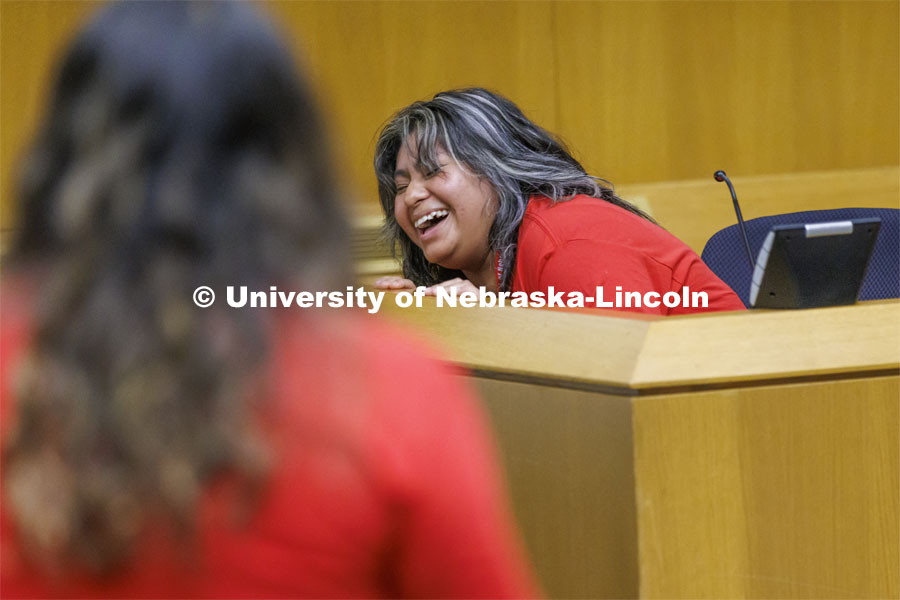 Papa Bear, played Yanci Torres of Grand Island High School, breaks down laughing while being questioned by the defense during the of trial of Goldilocks vs the Three Bears. NCPA junior and senior high school students participate in a mock trial at Nebraska Law. June 9, 2022. Photo by Craig Chandler / University Communication.