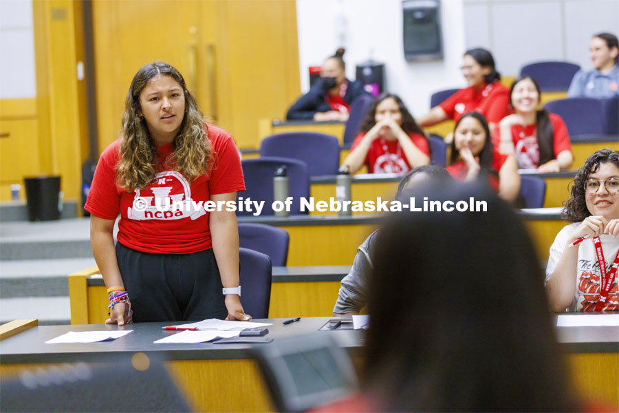 Mimike Dolezal, a junior at Winnebago High School and member of the defense team, questions Goldilocks, played by Kaylene Dominguez-Argueta of Omaha South High School, during the of trial of Goldilocks vs the Three Bears. NCPA junior and senior high school students participate in a mock trial at Nebraska Law. June 9, 2022. Photo by Craig Chandler / University Communication.