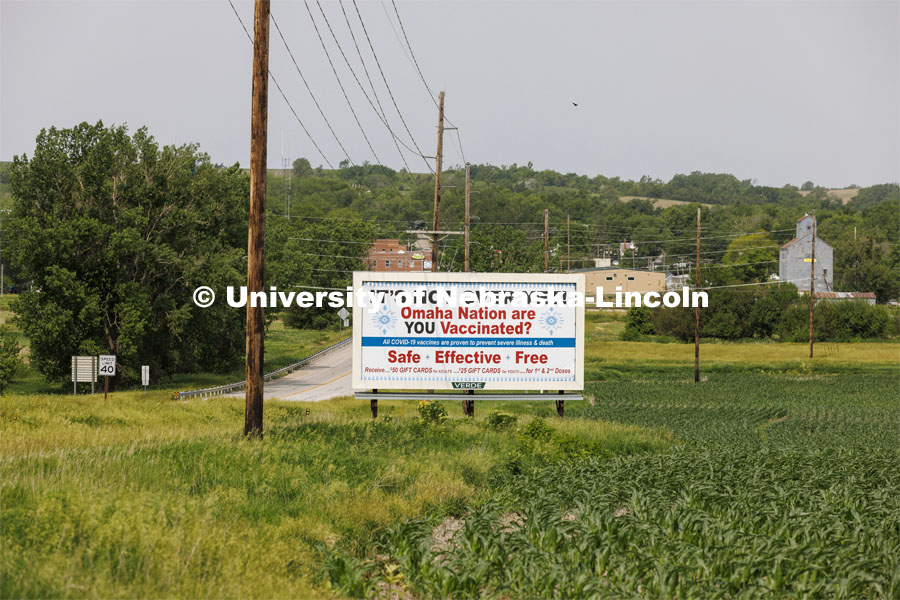 Billboard aimed at members of the Omaha Nation, promoting vaccination. Possible use with rural or tribal health disparities story. June 14, 2020. Photo by Craig Chandler / University Communication.